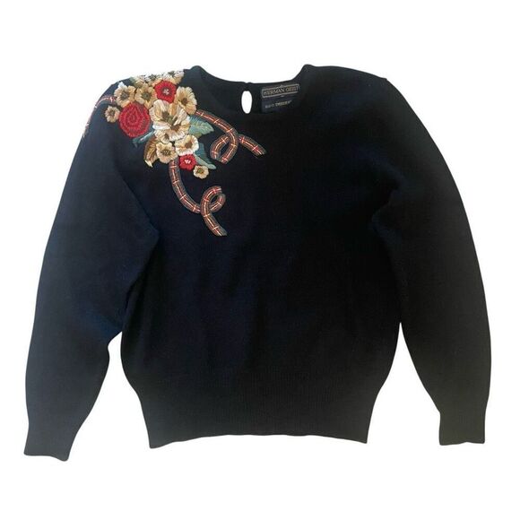 Herman Geist Floral Hand Embroidered Sweater Women’s Sz Medium Lambswool Angora - Picture 1 of 5